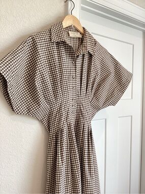 Exquise Tobie Pleated Shirt Dress Studded Short Sleeve New XS Gingham Brown